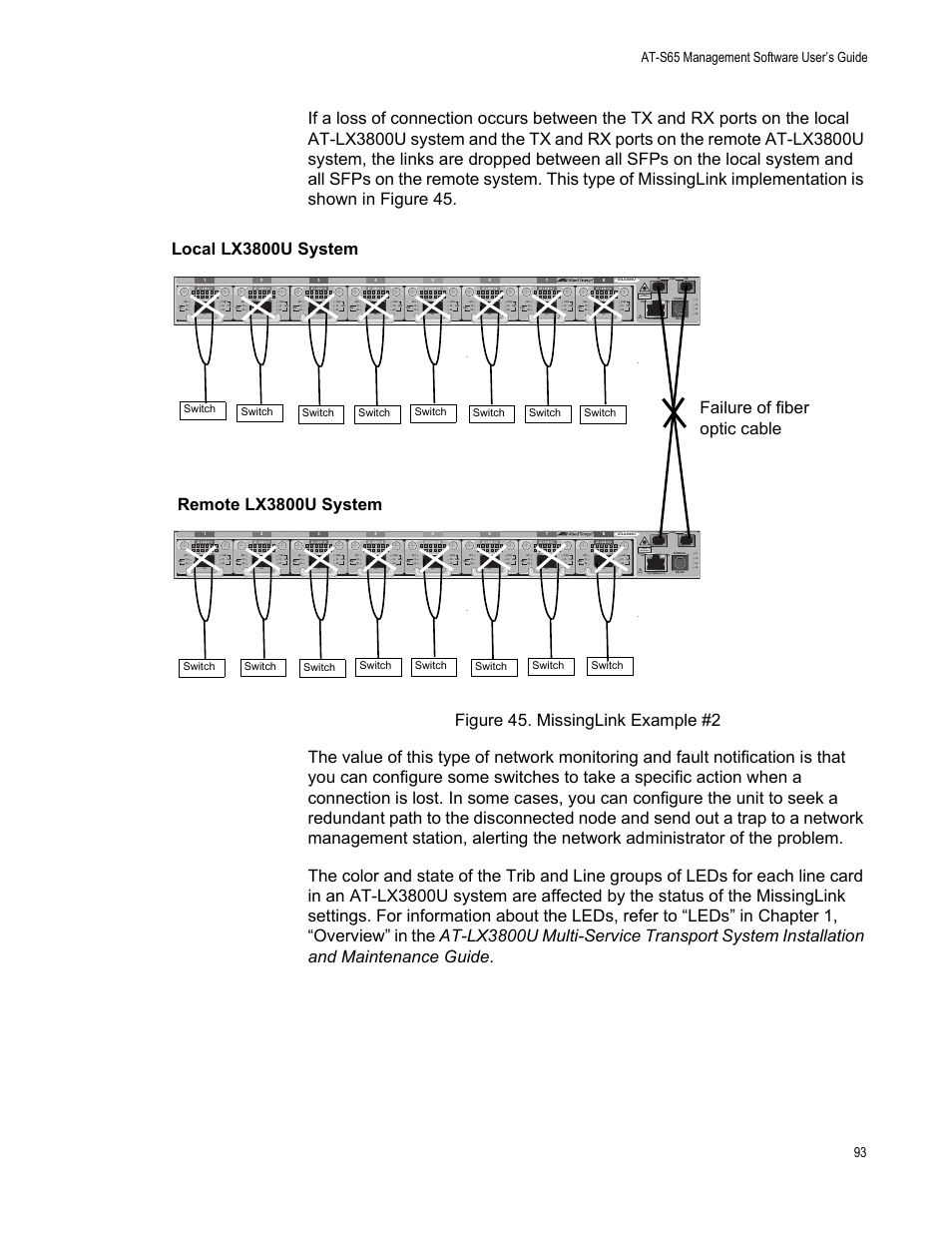 Failure of fiber optic cable, At-s65 management software user’s guide 93, Class 1 laser product | Reset, Switch | Allied Telesis AT-S65 User Manual | Page 93 / 98