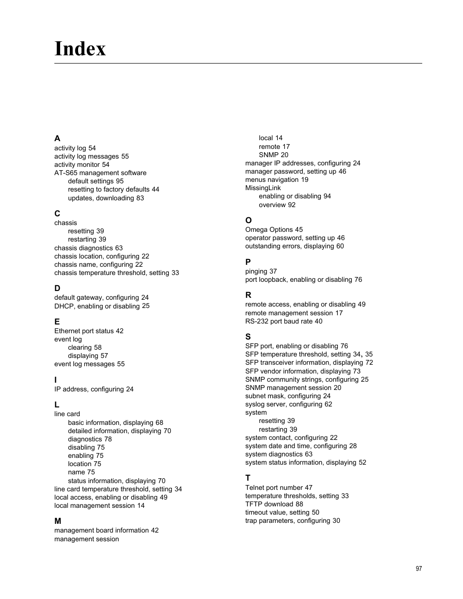 Index | Allied Telesis AT-S65 User Manual | Page 97 / 98
