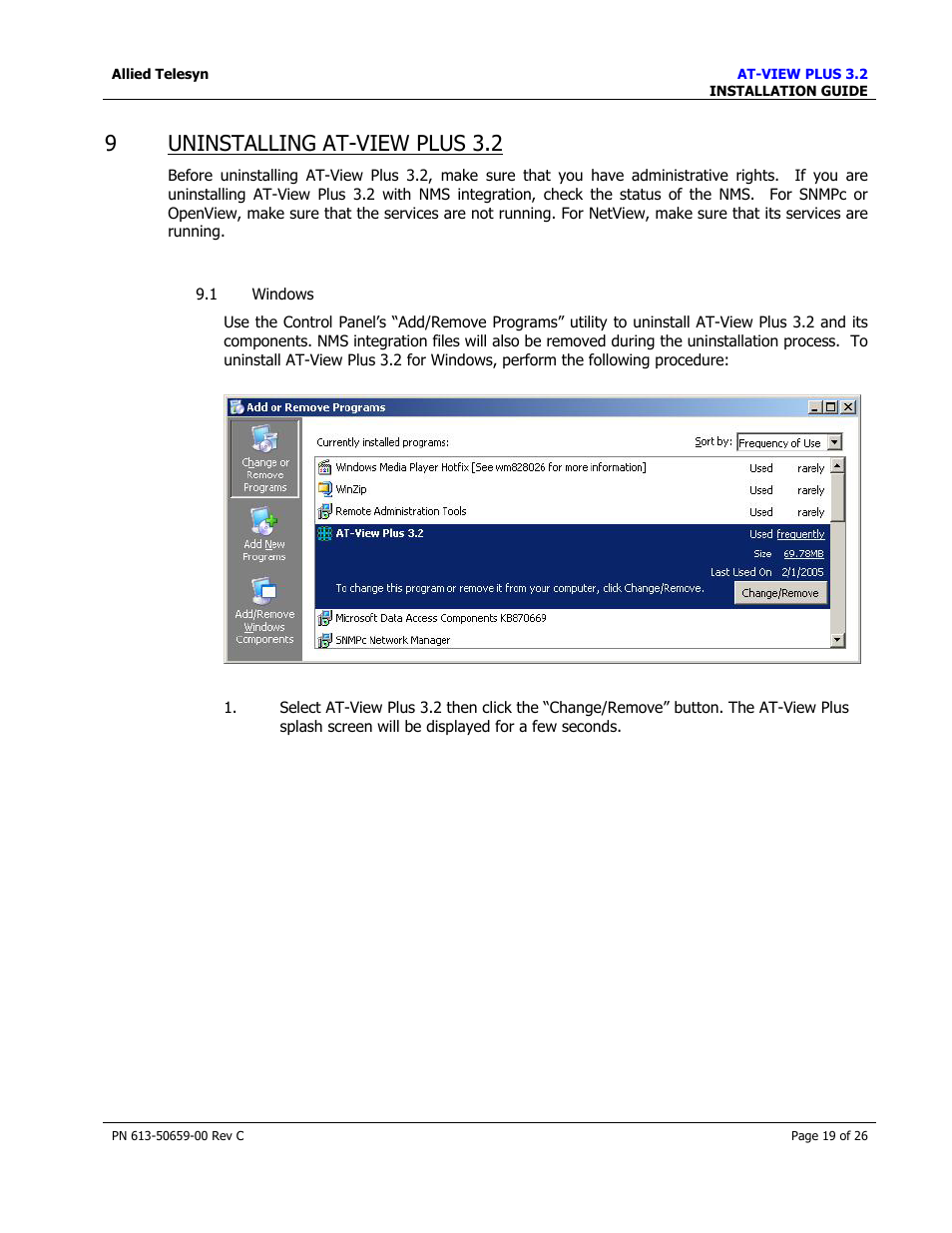 Uninstalling at-view plus 3.2, Indows, 9uninstalling at-view plus 3.2 | Allied Telesis AT-VIEW PLUS 3.2 install User Manual | Page 19 / 26