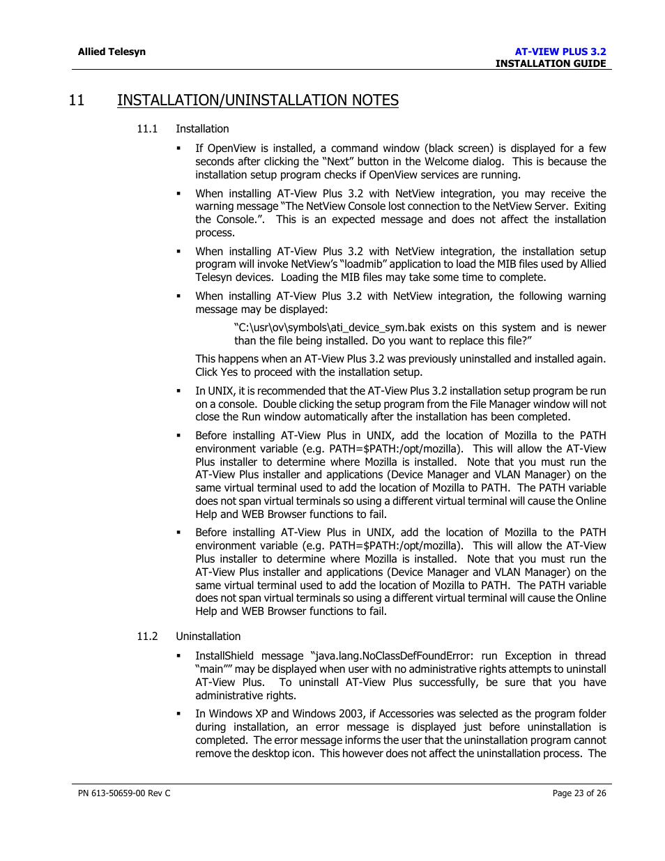 Installation/uninstallation notes, Nstallation, Ninstallation | Allied Telesis AT-VIEW PLUS 3.2 install User Manual | Page 23 / 26