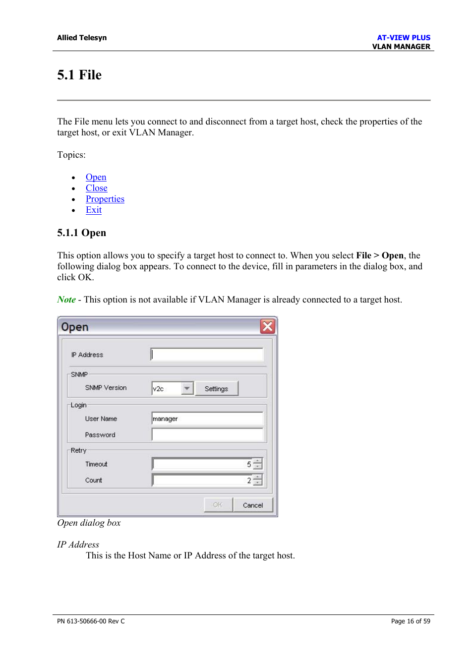 1 file, 1 open, File | Allied Telesis AT-VIEW PLUS 3.2 VLAN MANAGER User Manual | Page 16 / 59