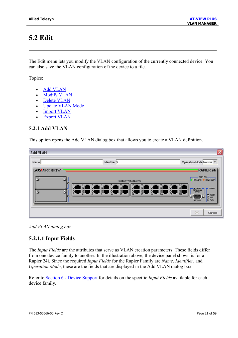 2 edit, 1 add vlan, 1 input fields | Edit | Allied Telesis AT-VIEW PLUS 3.2 VLAN MANAGER User Manual | Page 21 / 59