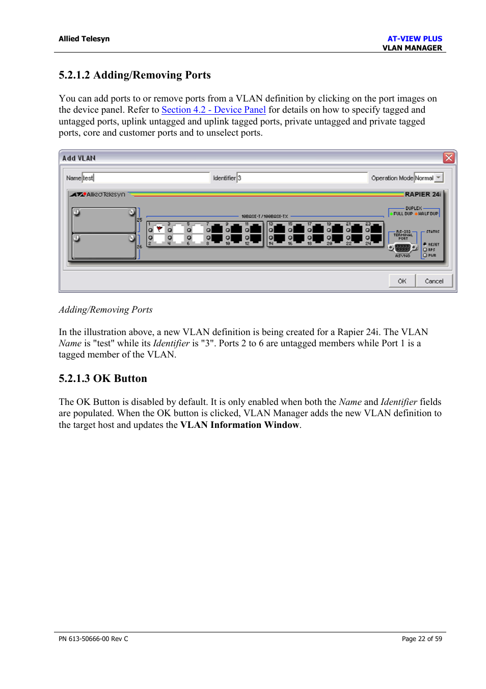 2 adding/removing ports, 3 ok button | Allied Telesis AT-VIEW PLUS 3.2 VLAN MANAGER User Manual | Page 22 / 59