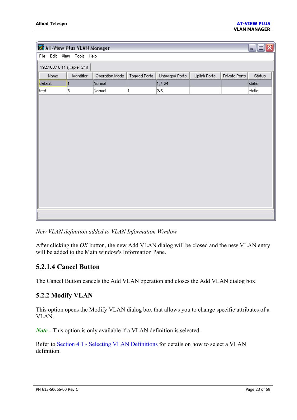4 cancel button, 2 modify vlan, Modify vlan | Allied Telesis AT-VIEW PLUS 3.2 VLAN MANAGER User Manual | Page 23 / 59