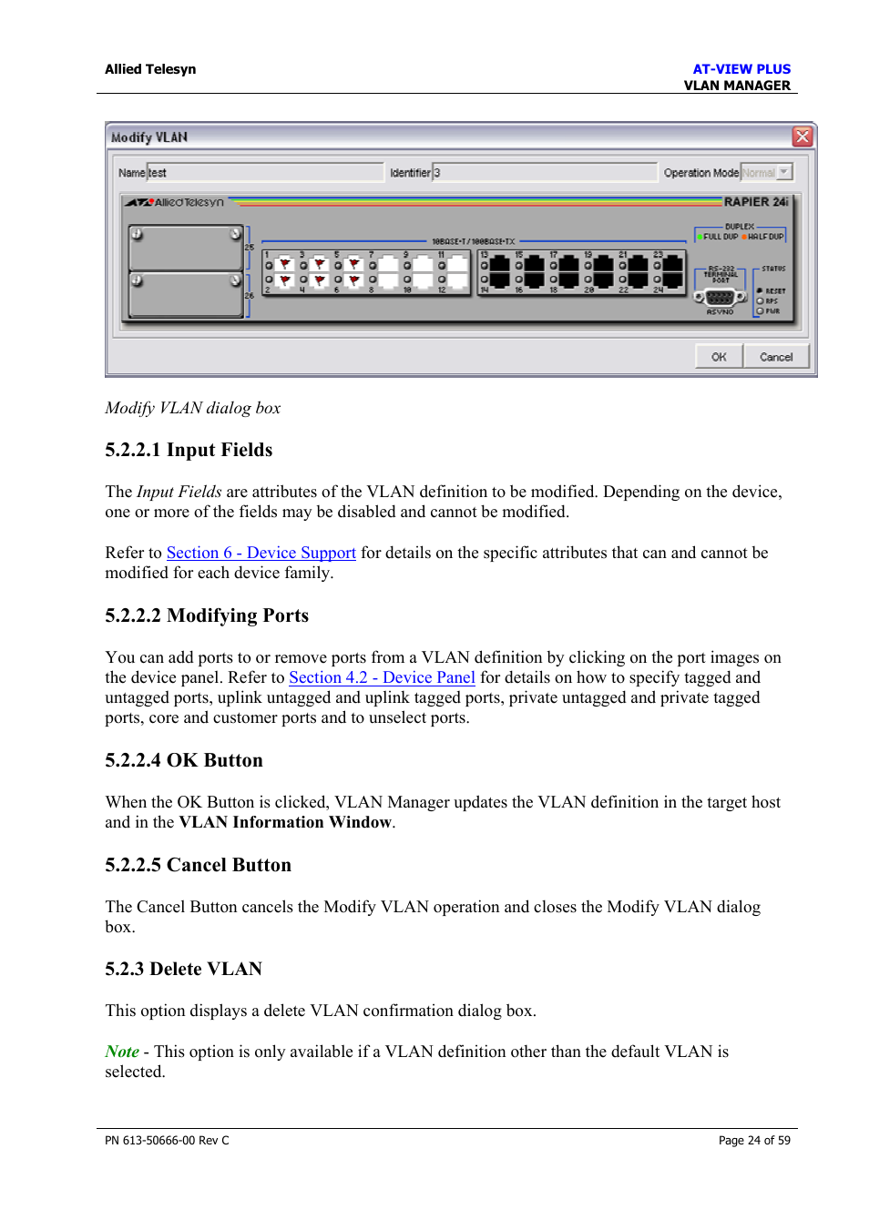 1 input fields, 2 modifying ports, 4 ok button | 5 cancel button, 3 delete vlan, Delete vlan | Allied Telesis AT-VIEW PLUS 3.2 VLAN MANAGER User Manual | Page 24 / 59