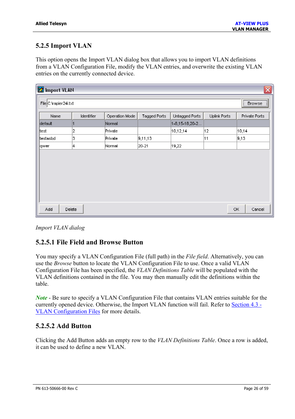 5 import vlan, 1 file field and browse button, 2 add button | Import vlan | Allied Telesis AT-VIEW PLUS 3.2 VLAN MANAGER User Manual | Page 26 / 59