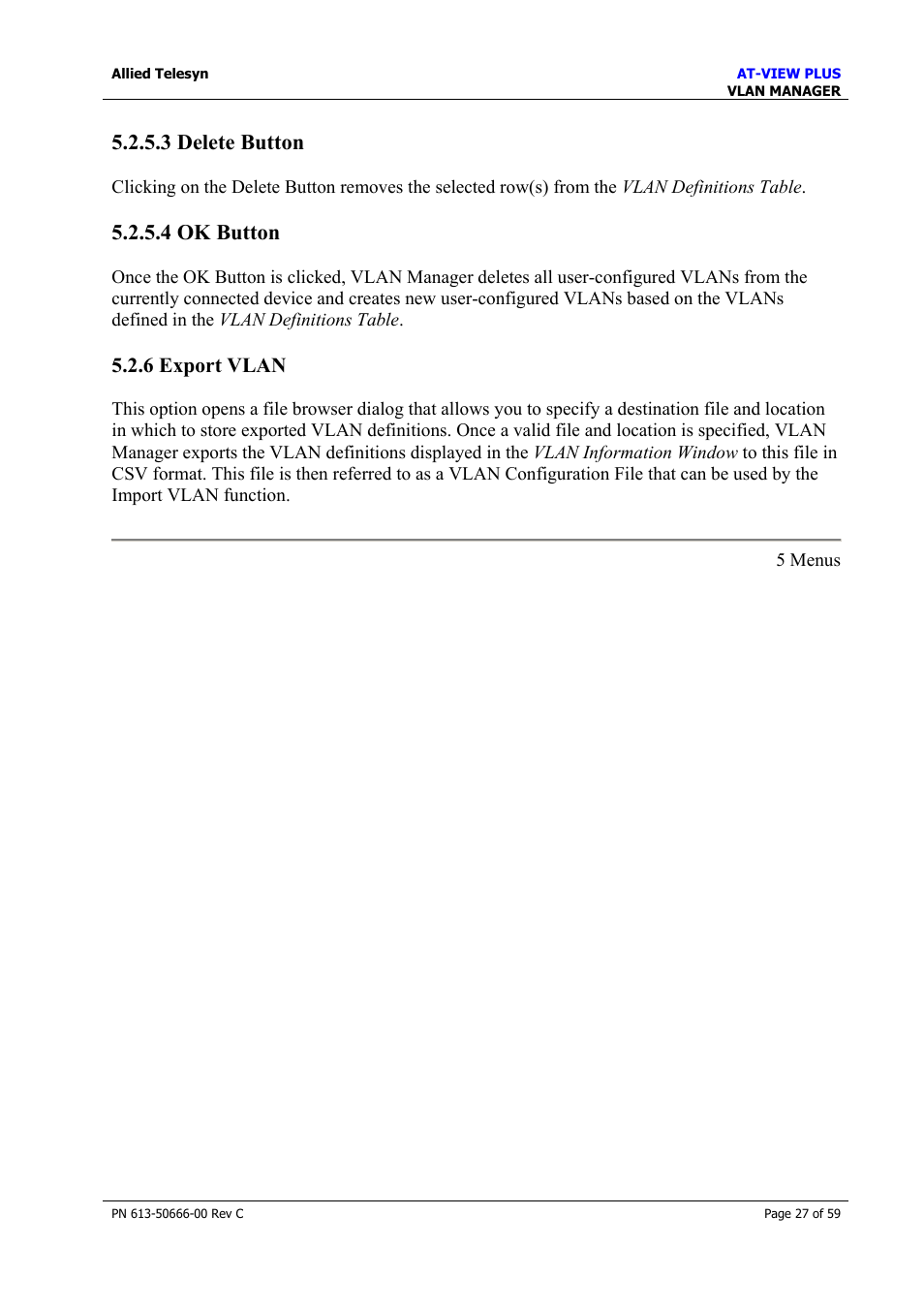 3 delete button, 4 ok button, 6 export vlan | Export vlan | Allied Telesis AT-VIEW PLUS 3.2 VLAN MANAGER User Manual | Page 27 / 59