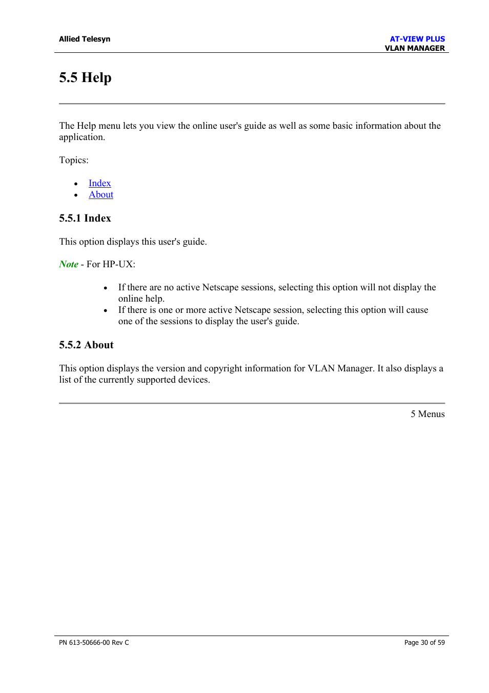 5 help, 1 index, 2 about | 1 index 5.5.2 about, Help | Allied Telesis AT-VIEW PLUS 3.2 VLAN MANAGER User Manual | Page 30 / 59