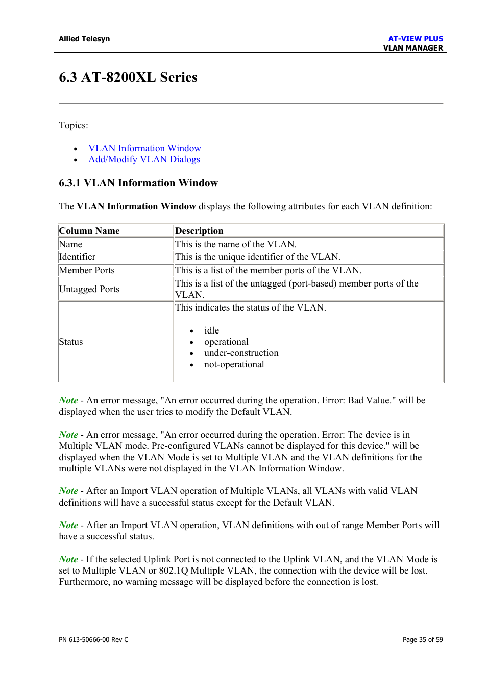 3 at-8200xl series, 1 vlan information window, At-8200xl series | Allied Telesis AT-VIEW PLUS 3.2 VLAN MANAGER User Manual | Page 35 / 59