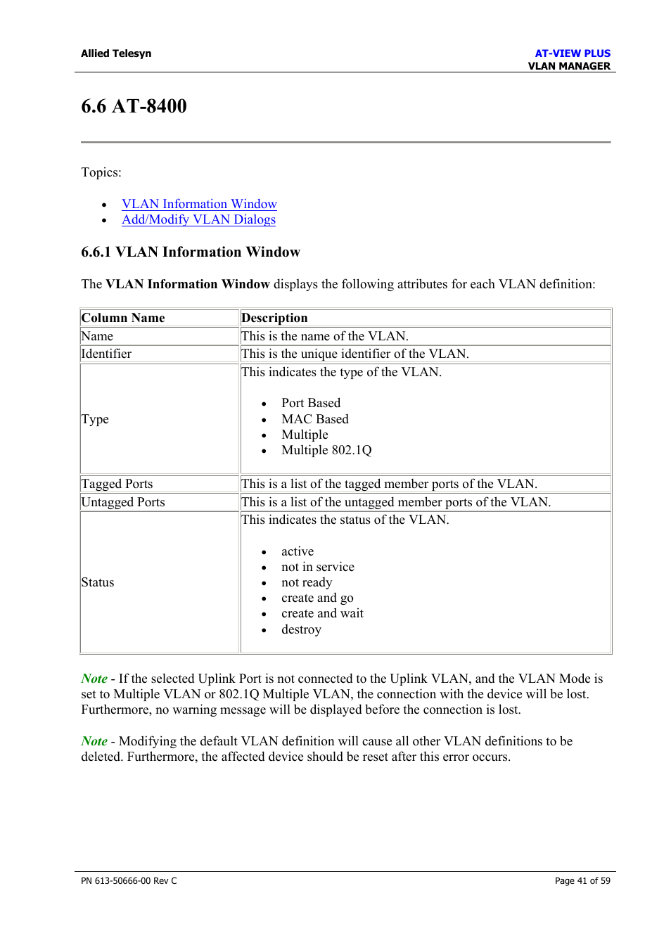 6 at-8400, 1 vlan information window, At-8400 | Allied Telesis AT-VIEW PLUS 3.2 VLAN MANAGER User Manual | Page 41 / 59
