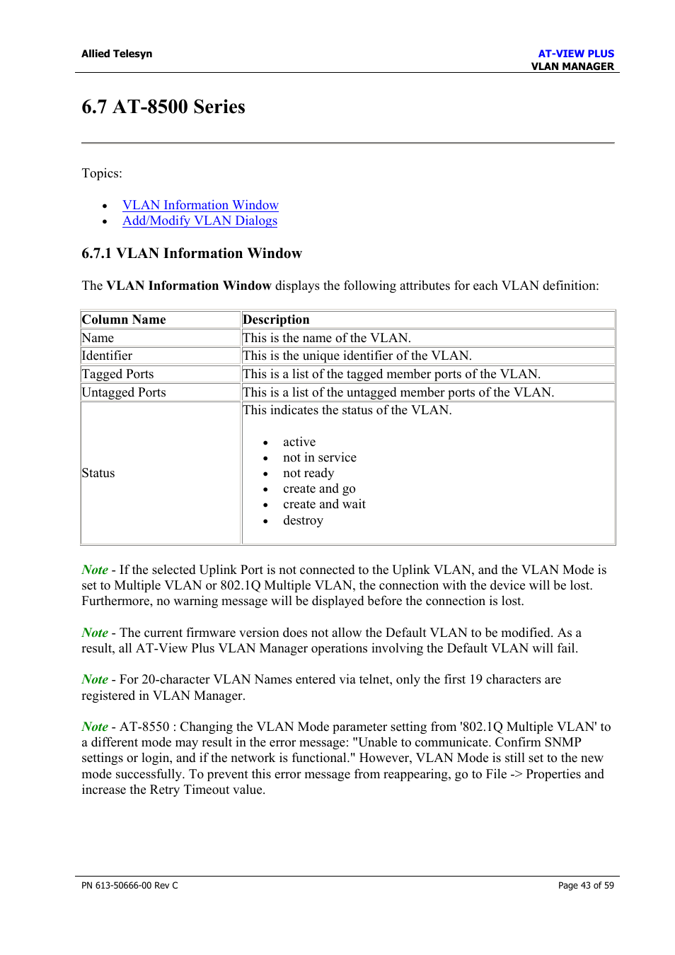 7 at-8500 series, 1 vlan information window, At-8500 series | Allied Telesis AT-VIEW PLUS 3.2 VLAN MANAGER User Manual | Page 43 / 59