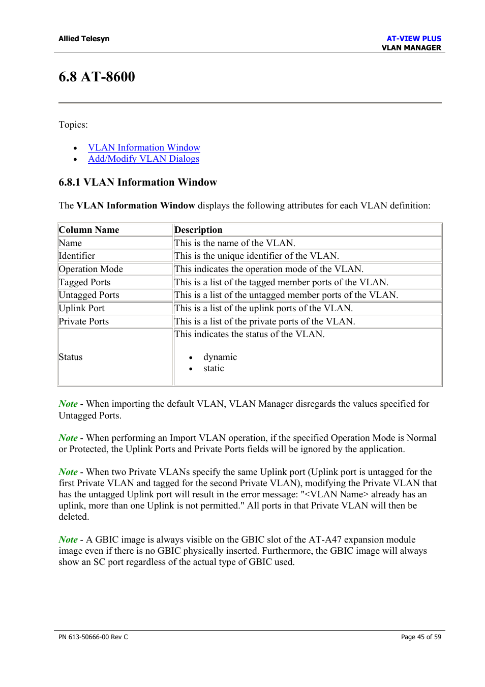 8 at-8600, 1 vlan information window, At-8600 | Allied Telesis AT-VIEW PLUS 3.2 VLAN MANAGER User Manual | Page 45 / 59