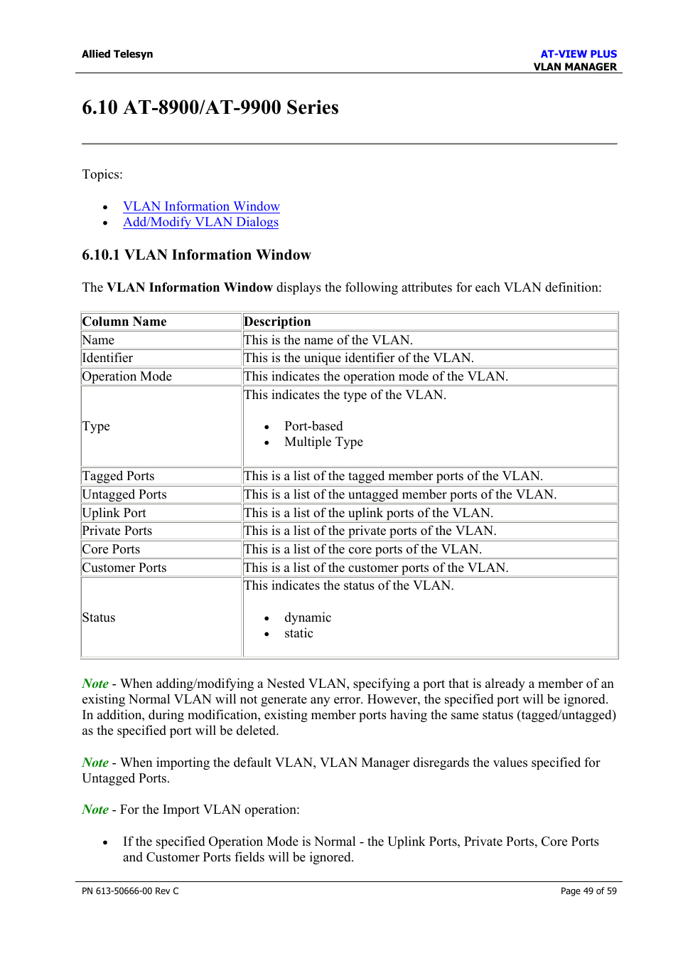 10 at-8900/at-9900 series, 1 vlan information window, At-8900/at-9900 series | Allied Telesis AT-VIEW PLUS 3.2 VLAN MANAGER User Manual | Page 49 / 59