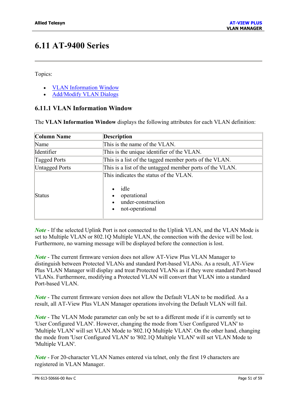 11 at-9400 series, 1 vlan information window, At-9400 series | Allied Telesis AT-VIEW PLUS 3.2 VLAN MANAGER User Manual | Page 51 / 59