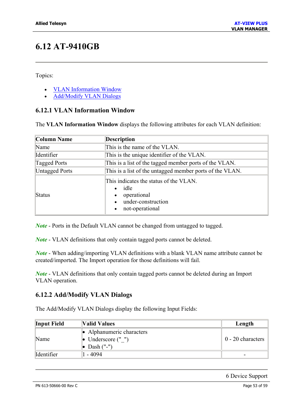 12 at-9410gb, 1 vlan information window, 2 add/modify vlan dialogs | At-9410gb | Allied Telesis AT-VIEW PLUS 3.2 VLAN MANAGER User Manual | Page 53 / 59