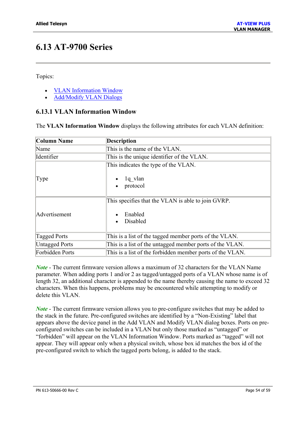 13 at-9700 series, 1 vlan information window, At-9700 series | Allied Telesis AT-VIEW PLUS 3.2 VLAN MANAGER User Manual | Page 54 / 59