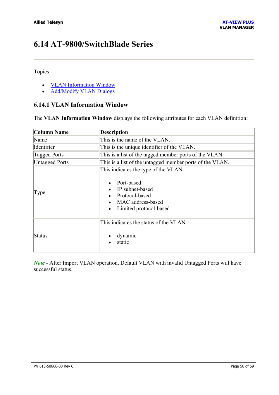 14 at-9800/switchblade series, 1 vlan information window, At-9800/switchblade series | Allied Telesis AT-VIEW PLUS 3.2 VLAN MANAGER User Manual | Page 56 / 59