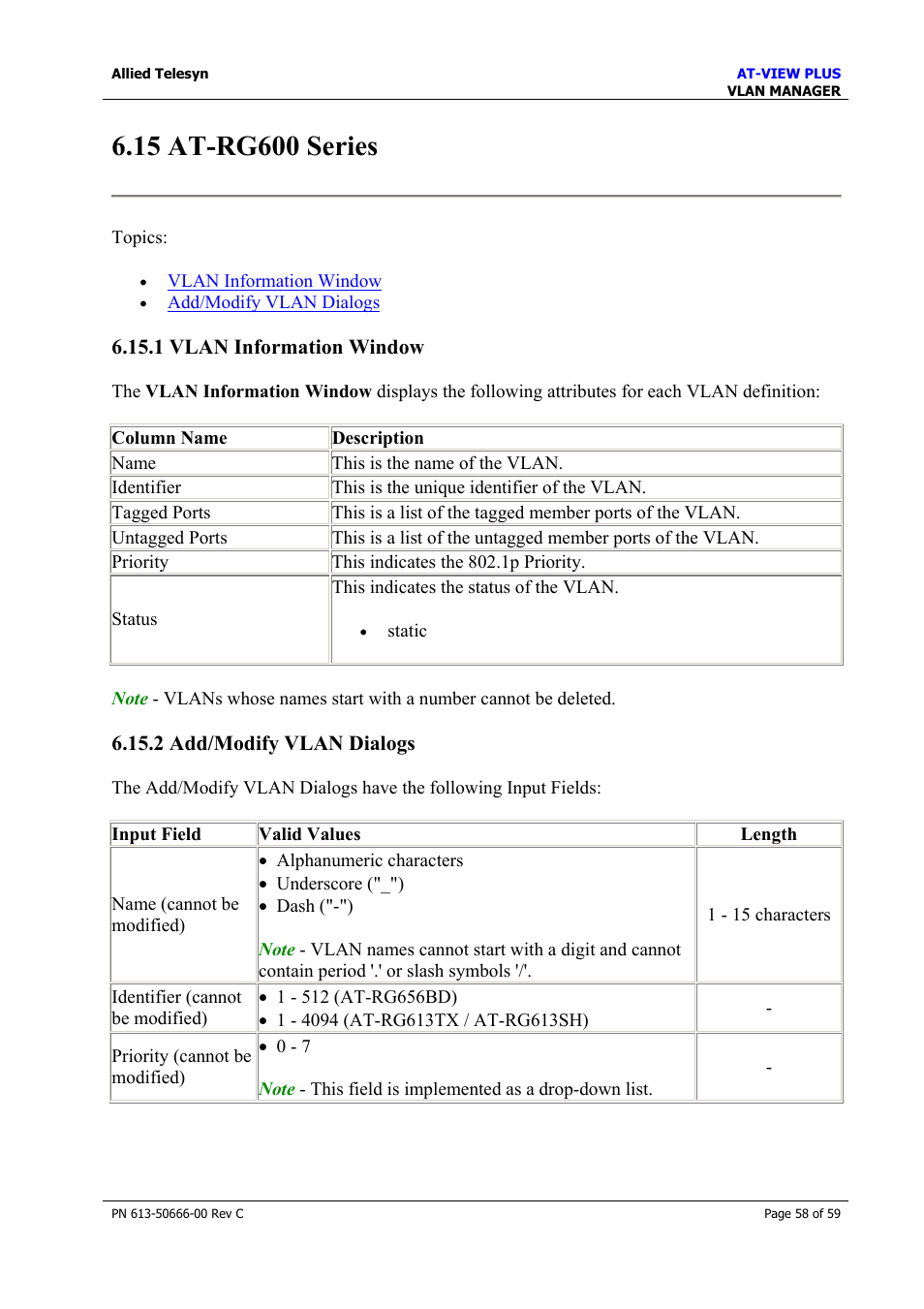 15 at-rg600 series, 1 vlan information window, 2 add/modify vlan dialogs | At-rg600 series | Allied Telesis AT-VIEW PLUS 3.2 VLAN MANAGER User Manual | Page 58 / 59