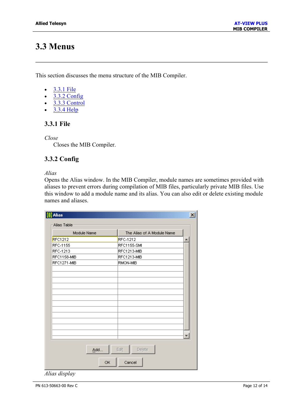 3 menus, 1 file, 2 config | 1 file 3.3.2 config | Allied Telesis AT-VIEW PLUS 3.2 MIB COMPILER User Manual | Page 12 / 14