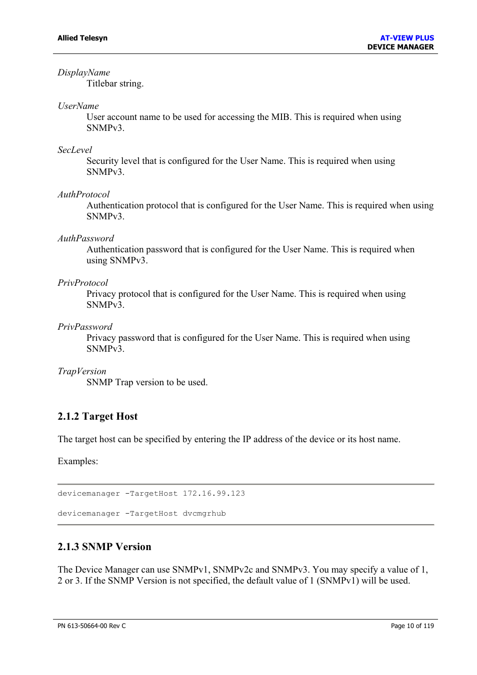2 target host, 3 snmp version, Target host | Snmp version | Allied Telesis AT-VIEW PLUS 3.2 DEVICE MANAGER User Manual | Page 10 / 119
