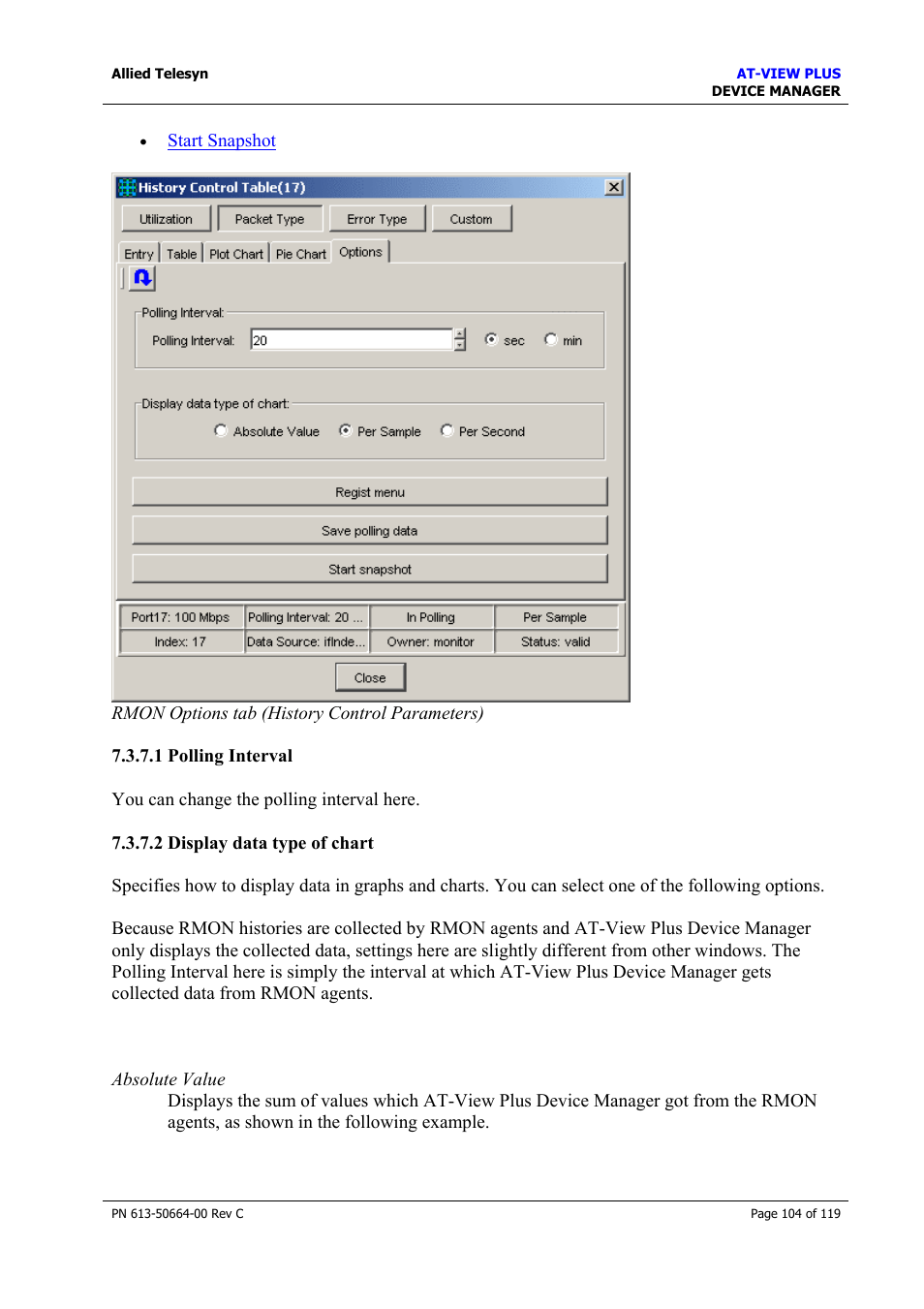 1 polling interval, 2 display data type of chart, Polling interval | Display data type of chart | Allied Telesis AT-VIEW PLUS 3.2 DEVICE MANAGER User Manual | Page 104 / 119