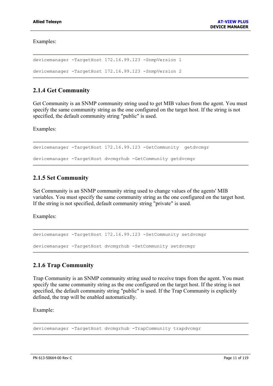 4 get community, 5 set community, 6 trap community | 5 set community 2.1.6 trap community, Get community, Set community, Trap community | Allied Telesis AT-VIEW PLUS 3.2 DEVICE MANAGER User Manual | Page 11 / 119