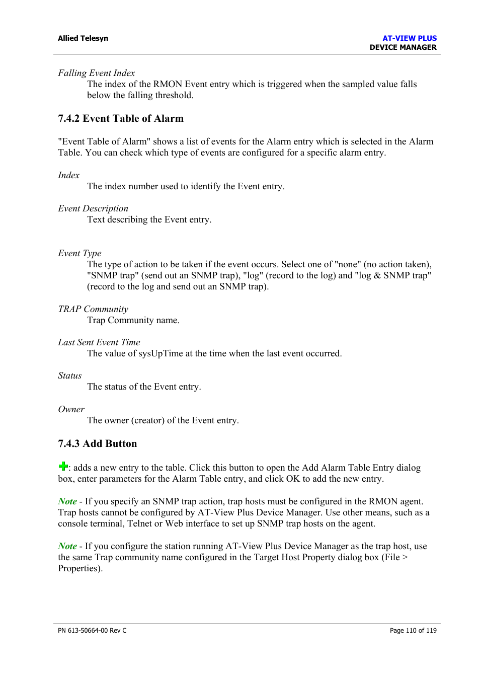 2 event table of alarm, 3 add button, Event table of alarm | Add button | Allied Telesis AT-VIEW PLUS 3.2 DEVICE MANAGER User Manual | Page 110 / 119