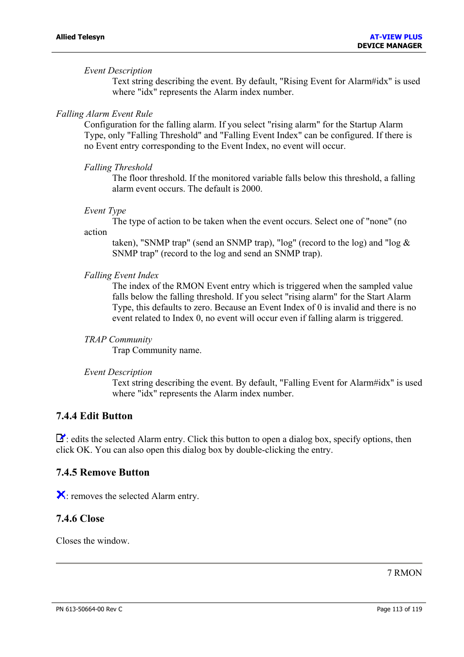 4 edit button, 5 remove button, 6 close | 5 remove button 7.4.6 close, Edit button, Remove button, Close | Allied Telesis AT-VIEW PLUS 3.2 DEVICE MANAGER User Manual | Page 113 / 119