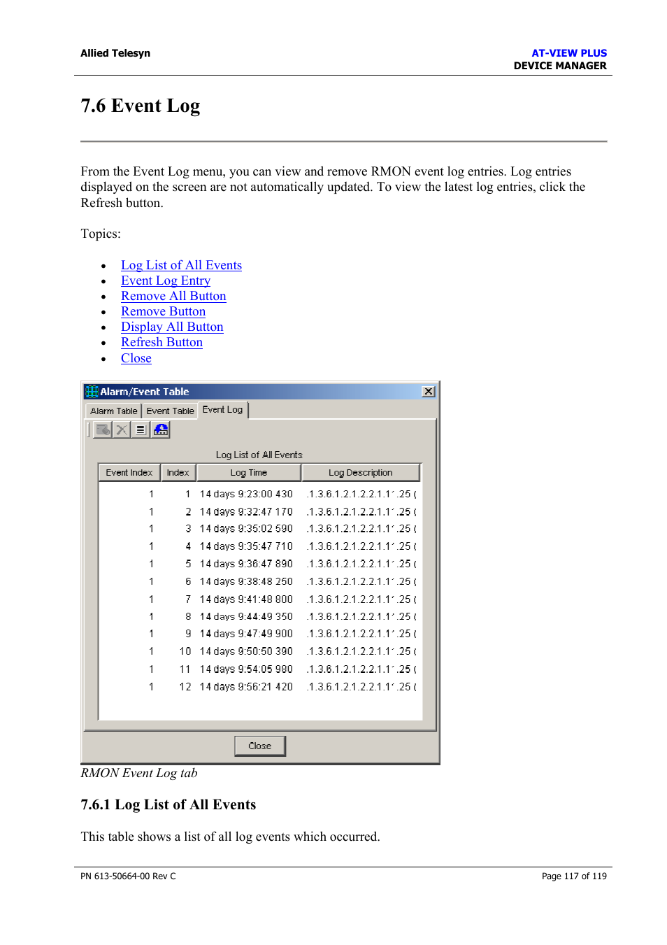 6 event log, 1 log list of all events, Event log | Allied Telesis AT-VIEW PLUS 3.2 DEVICE MANAGER User Manual | Page 117 / 119