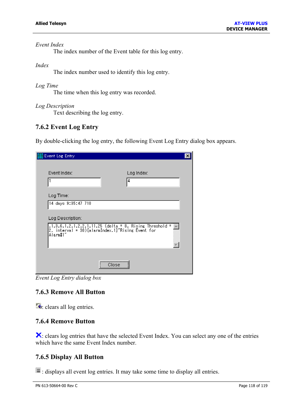 2 event log entry, 3 remove all button, 4 remove button | 5 display all button, 2 event log entry 7.6.3 remove all button, 4 remove button 7.6.5 display all button, Event log entry, Remove all button, Remove button, Display all button | Allied Telesis AT-VIEW PLUS 3.2 DEVICE MANAGER User Manual | Page 118 / 119