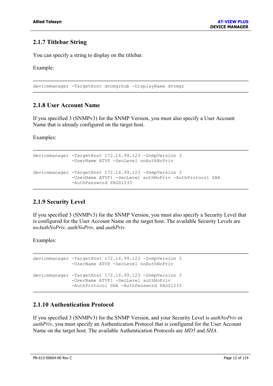 7 titlebar string, 8 user account name, 9 security level | 10 authentication protocol, 8 user account name 2.1.9 security level, Titlebar string, User account name, Security level, Authentication protocol | Allied Telesis AT-VIEW PLUS 3.2 DEVICE MANAGER User Manual | Page 12 / 119
