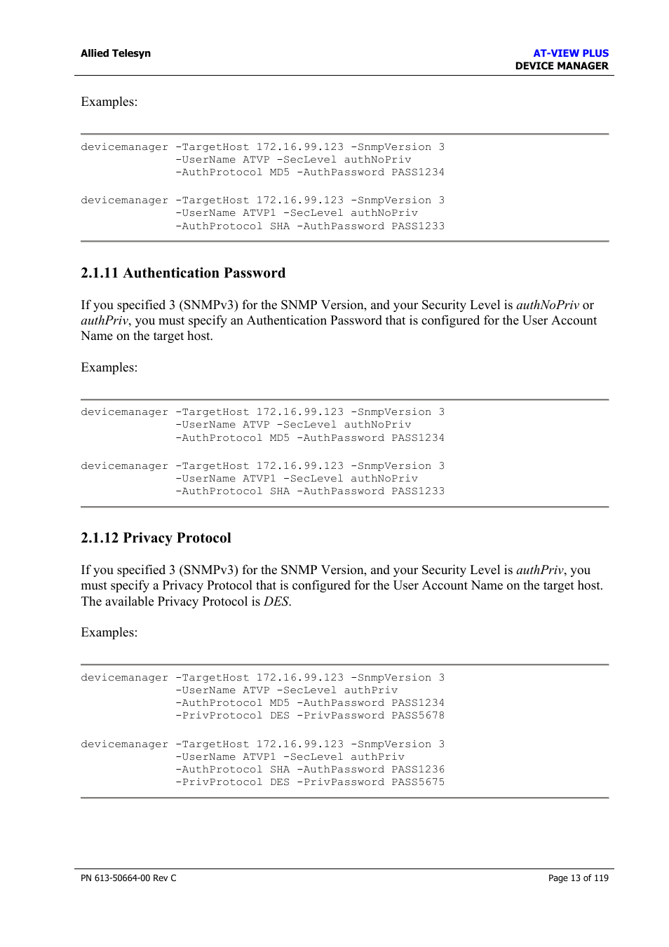 11 authentication password, 12 privacy protocol, Authentication password | Privacy protocol | Allied Telesis AT-VIEW PLUS 3.2 DEVICE MANAGER User Manual | Page 13 / 119