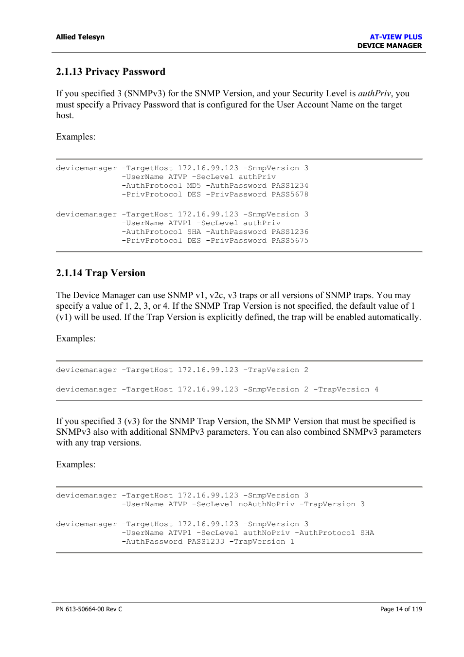 13 privacy password, 14 trap version, 13 privacy password 2.1.14 trap version | Trap version | Allied Telesis AT-VIEW PLUS 3.2 DEVICE MANAGER User Manual | Page 14 / 119