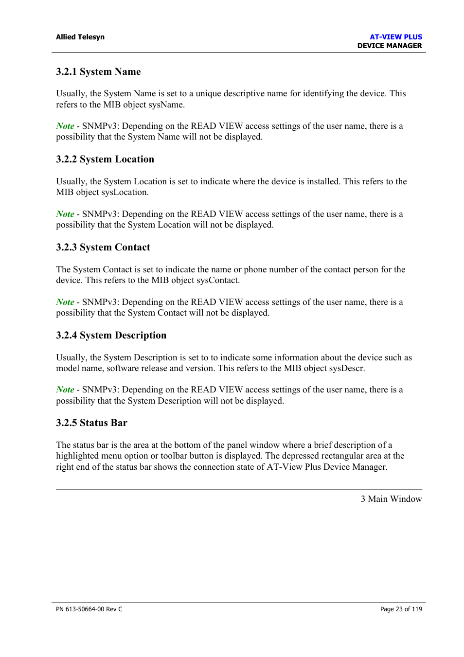 1 system name, 2 system location, 3 system contact | 4 system description, 5 status bar, 1 system name 3.2.2 system location, 3 system contact 3.2.4 system description, System name, System location, System contact | Allied Telesis AT-VIEW PLUS 3.2 DEVICE MANAGER User Manual | Page 23 / 119
