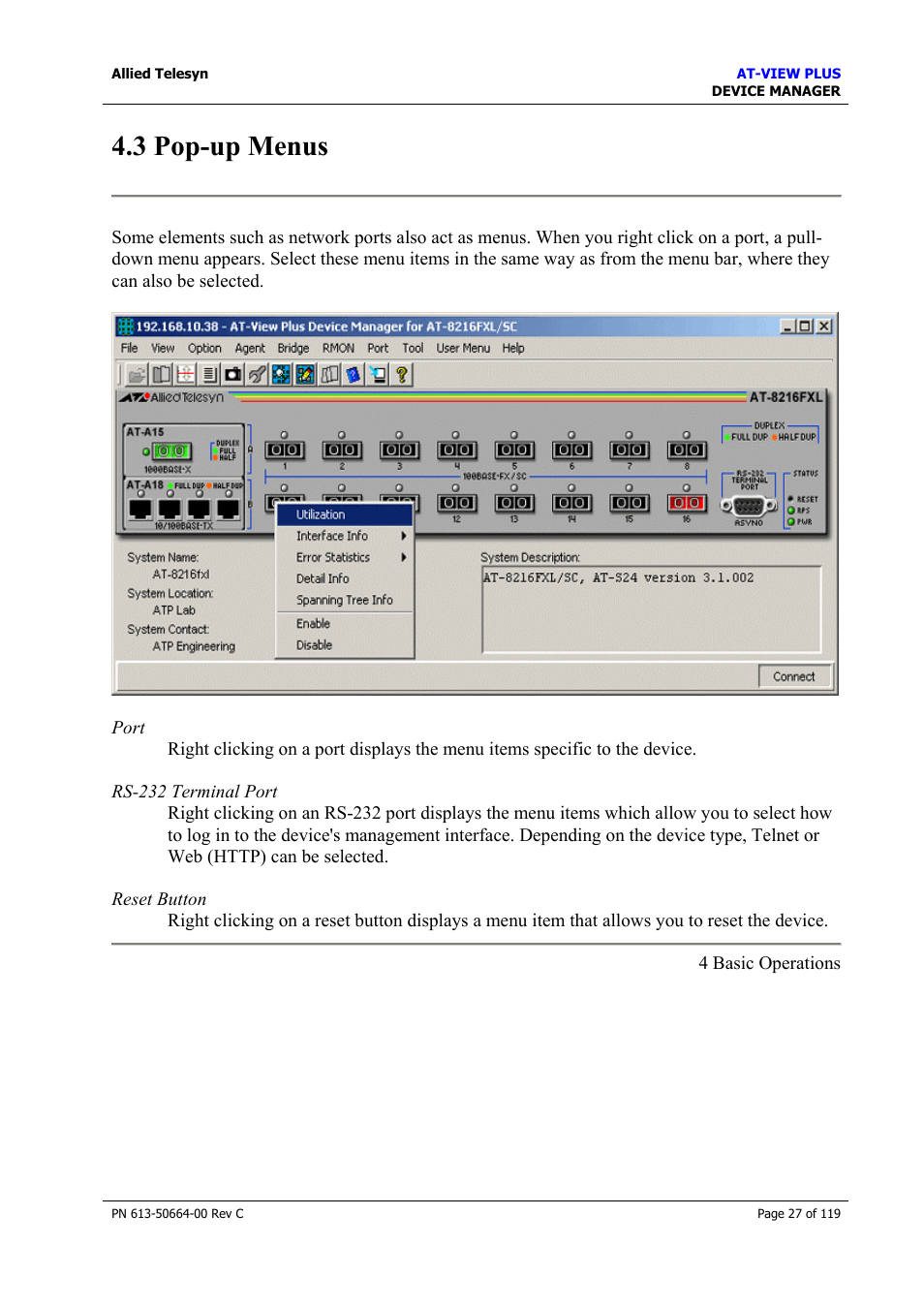 3 pop-up menus, Pop-up menus | Allied Telesis AT-VIEW PLUS 3.2 DEVICE MANAGER User Manual | Page 27 / 119