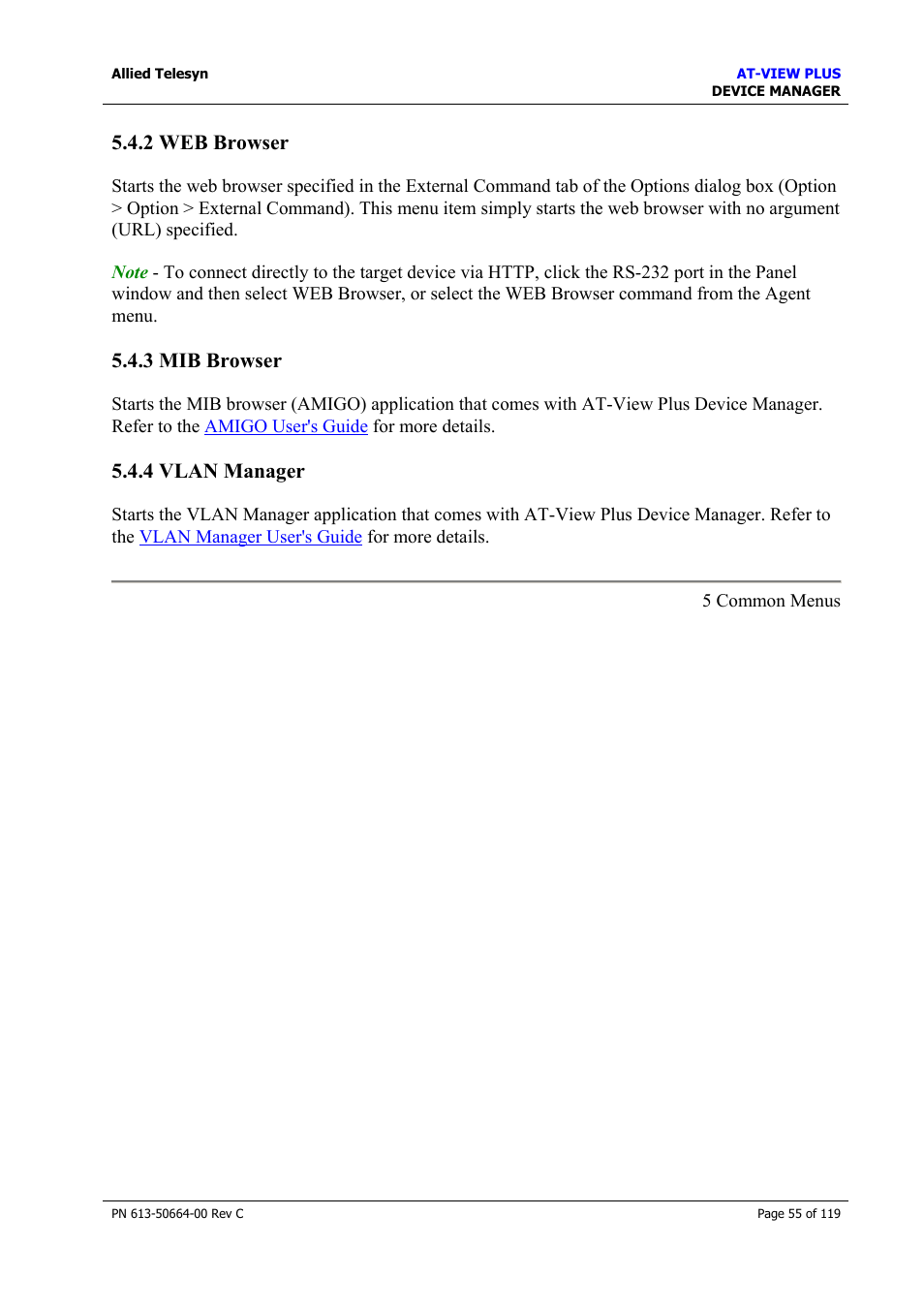 2 web browser, 3 mib browser, 4 vlan manager | 3 mib browser 5.4.4 vlan manager, Web browser, Mib browser, Vlan manager | Allied Telesis AT-VIEW PLUS 3.2 DEVICE MANAGER User Manual | Page 55 / 119