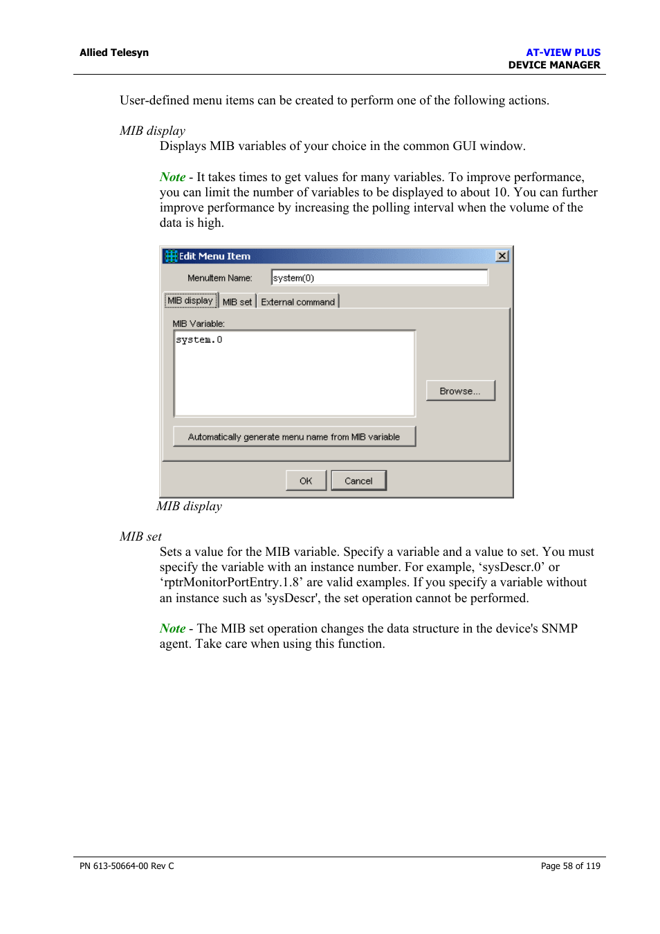 Mib display | Allied Telesis AT-VIEW PLUS 3.2 DEVICE MANAGER User Manual | Page 58 / 119