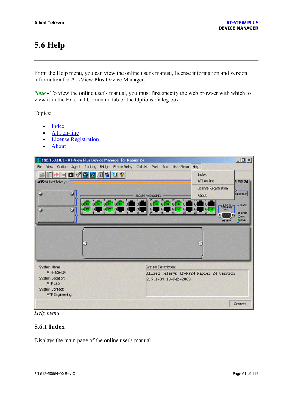 6 help, 1 index, Help | Allied Telesis AT-VIEW PLUS 3.2 DEVICE MANAGER User Manual | Page 61 / 119