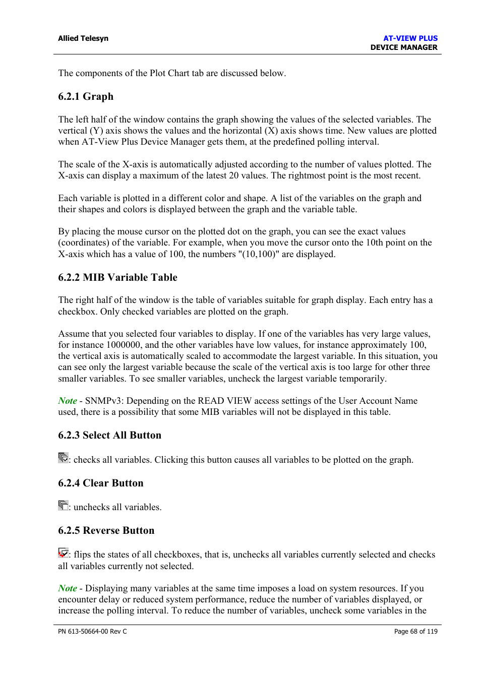 1 graph, 2 mib variable table, 3 select all button | 4 clear button, 5 reverse button, 3 select all button 6.2.4 clear button, Graph, Mib variable table, Select all button, Clear button | Allied Telesis AT-VIEW PLUS 3.2 DEVICE MANAGER User Manual | Page 68 / 119
