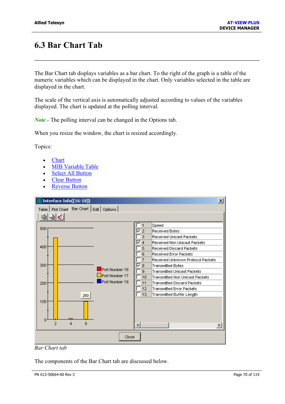 3 bar chart tab, Bar chart tab | Allied Telesis AT-VIEW PLUS 3.2 DEVICE MANAGER User Manual | Page 70 / 119