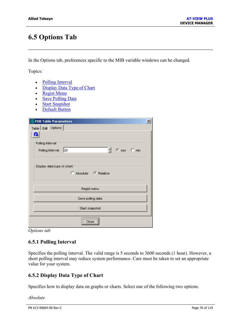 5 options tab, 1 polling interval, 2 display data type of chart | Options tab | Allied Telesis AT-VIEW PLUS 3.2 DEVICE MANAGER User Manual | Page 76 / 119