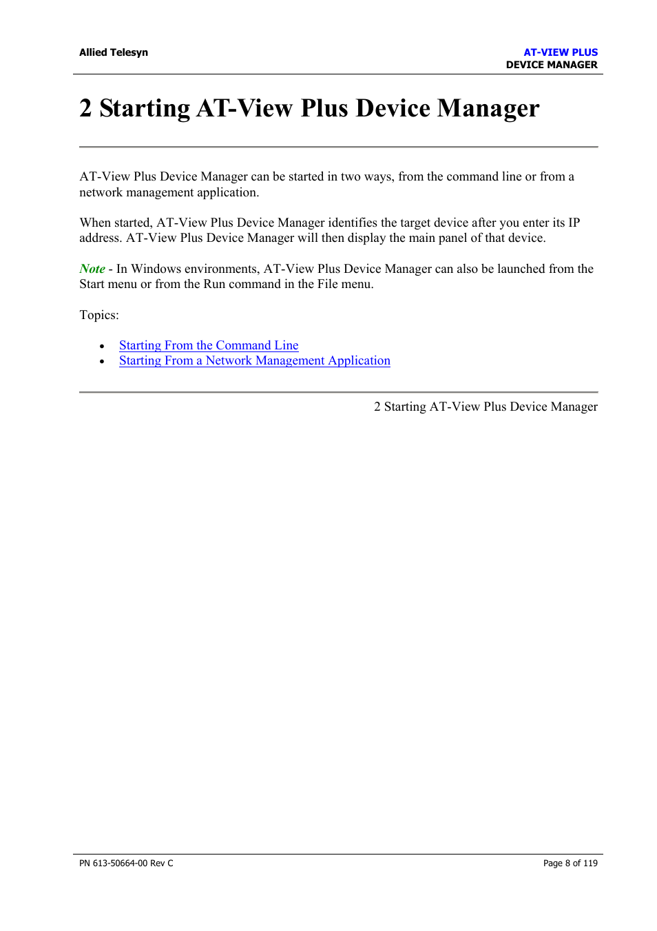 2 starting at-view plus device manager, Starting at-view plus device manager | Allied Telesis AT-VIEW PLUS 3.2 DEVICE MANAGER User Manual | Page 8 / 119