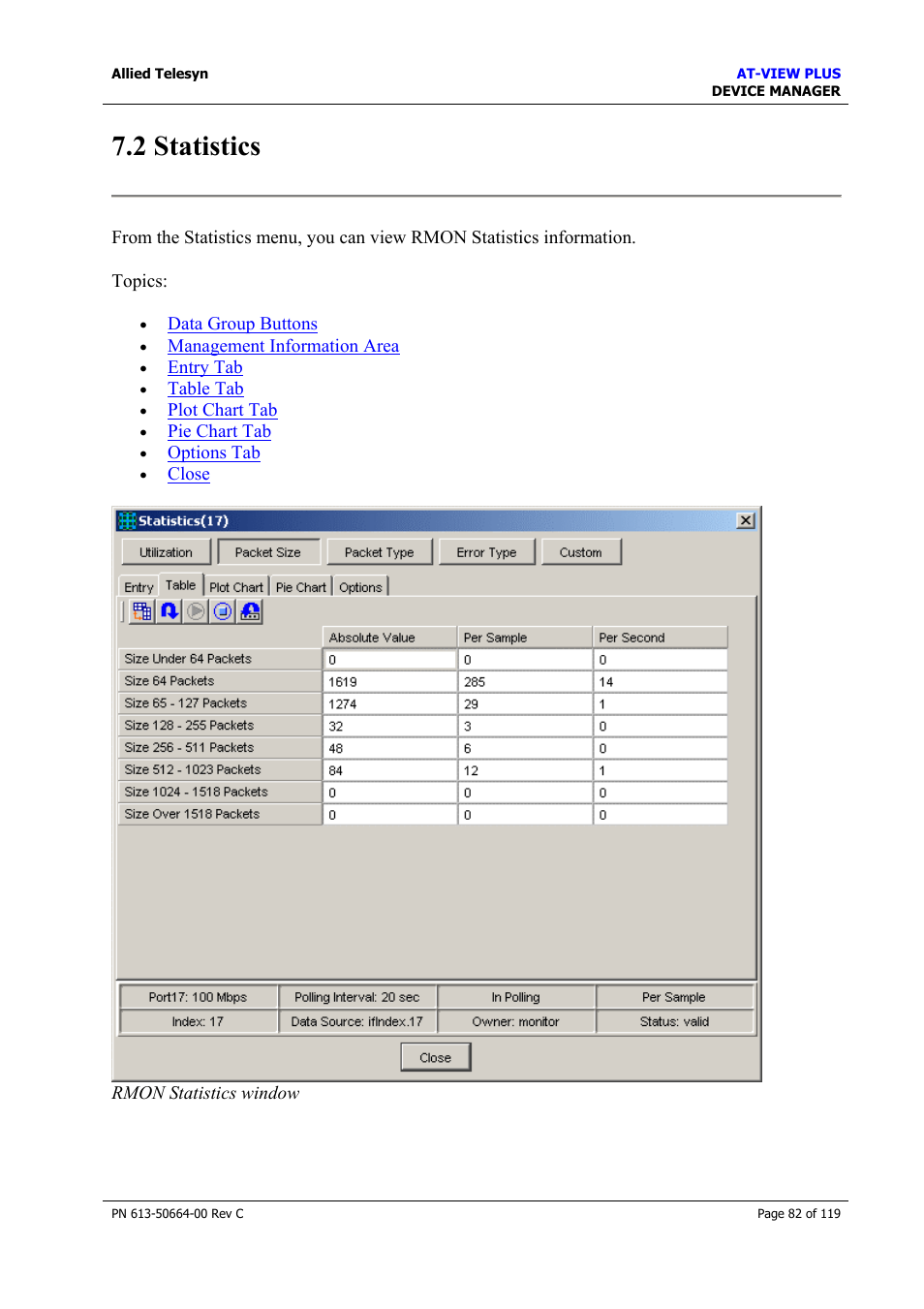 2 statistics, Statistics | Allied Telesis AT-VIEW PLUS 3.2 DEVICE MANAGER User Manual | Page 82 / 119