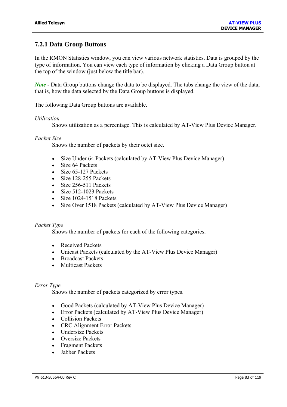 1 data group buttons, Data group buttons | Allied Telesis AT-VIEW PLUS 3.2 DEVICE MANAGER User Manual | Page 83 / 119