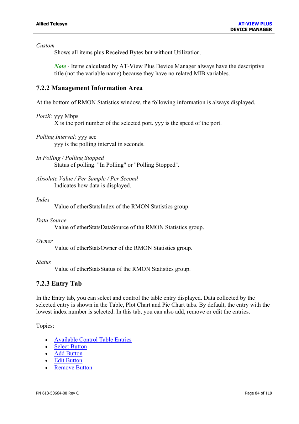 2 management information area, 3 entry tab, Management information area | Entry tab | Allied Telesis AT-VIEW PLUS 3.2 DEVICE MANAGER User Manual | Page 84 / 119