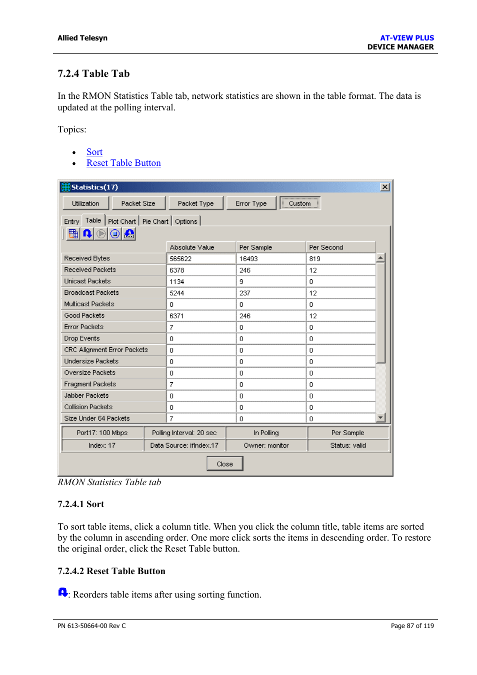 4 table tab, 1 sort, 2 reset table button | Table tab | Allied Telesis AT-VIEW PLUS 3.2 DEVICE MANAGER User Manual | Page 87 / 119