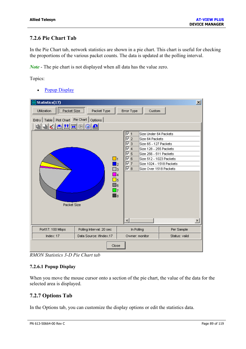 6 pie chart tab, 1 popup display, 7 options tab | 6 pie chart tab 7.2.7 options tab, Pie chart tab, Options tab | Allied Telesis AT-VIEW PLUS 3.2 DEVICE MANAGER User Manual | Page 89 / 119