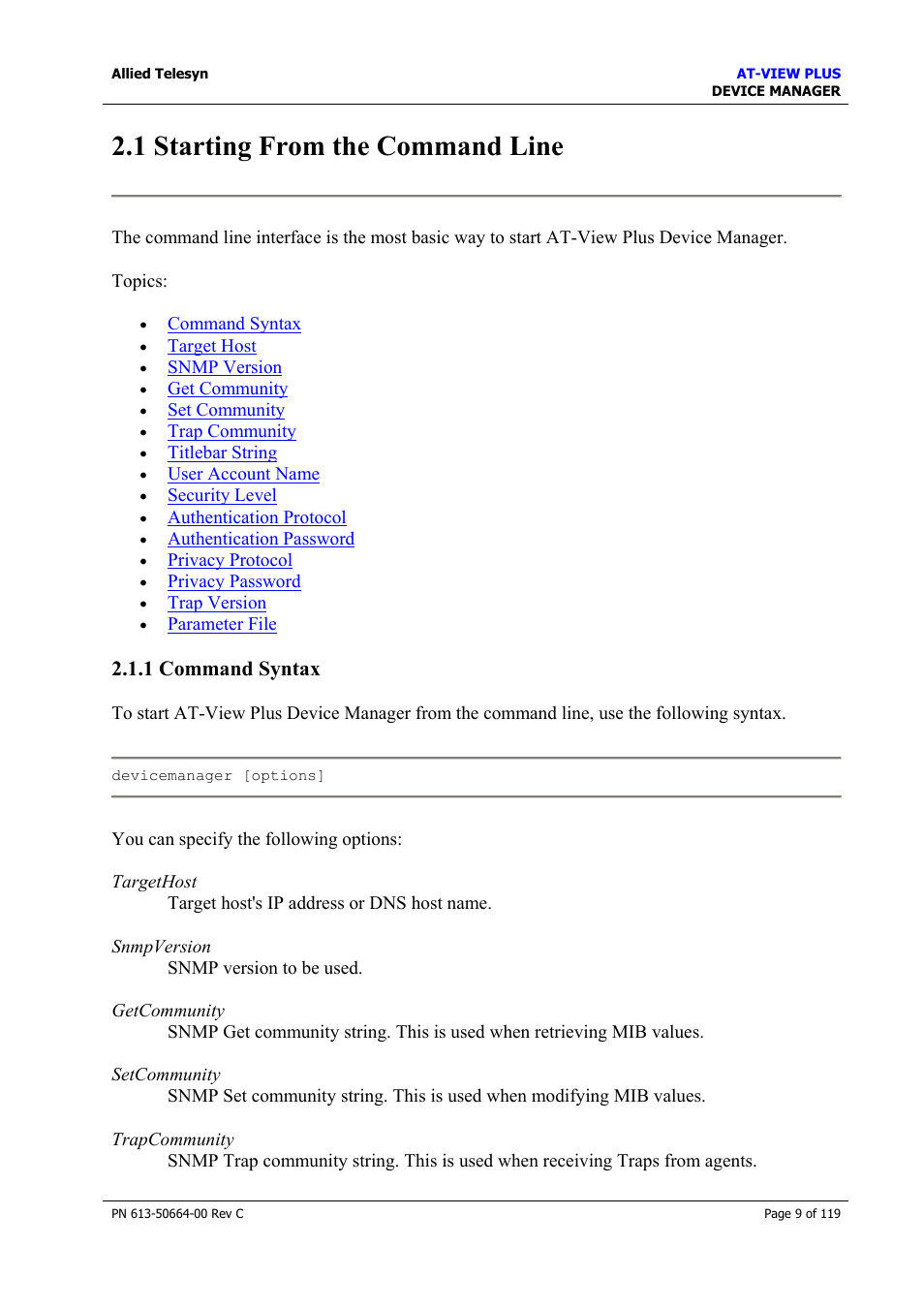 1 starting from the command line, 1 command syntax | Allied Telesis AT-VIEW PLUS 3.2 DEVICE MANAGER User Manual | Page 9 / 119