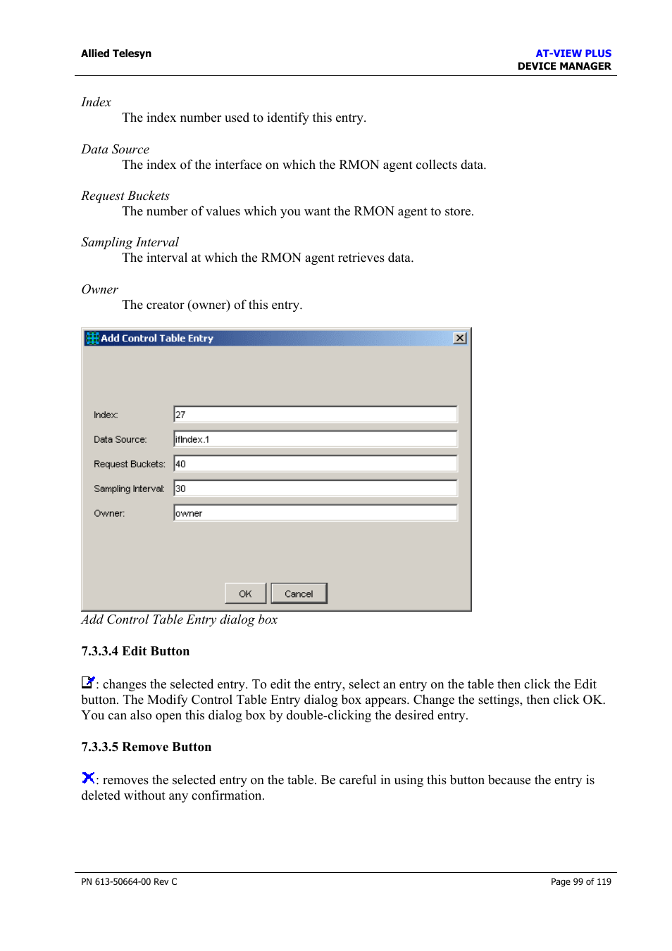 4 edit button, 5 remove button, Edit button | Remove button | Allied Telesis AT-VIEW PLUS 3.2 DEVICE MANAGER User Manual | Page 99 / 119