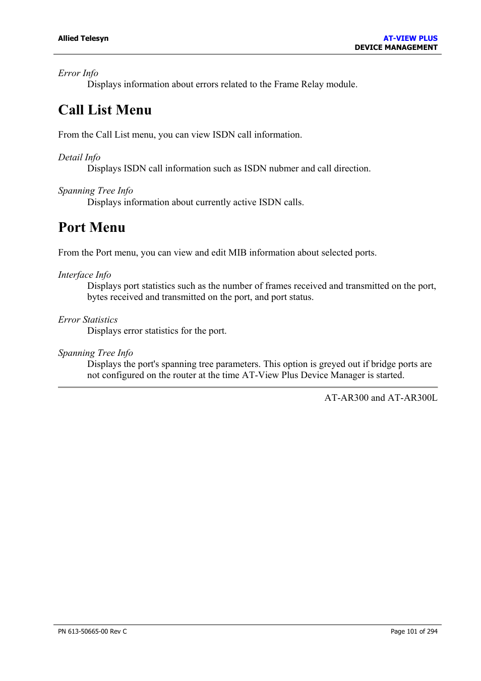 Call list menu, Port menu, Call list menu port menu | Allied Telesis AT-VIEW PLUS 3.2 DEVICE MANAGEMENT User Manual | Page 101 / 294